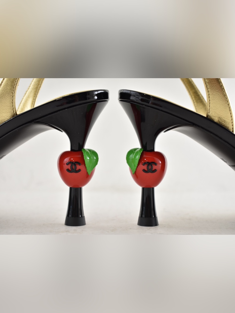 Chanel 26A Metiers Blazy Gold Black Red Apple Sling CC Slingback Heel Pump 38 - Picture 14 of 16